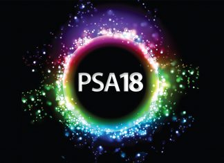 Leading Pharmacy Future: PSA18 highlights PSA18 text in a circle with multicoloured light reflections