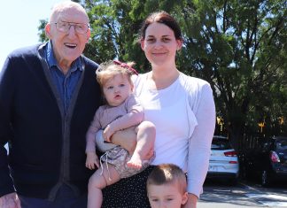Another 100 years … says birthday boy Bill Lumley MPS with his granddaughter and great-grandchildren
