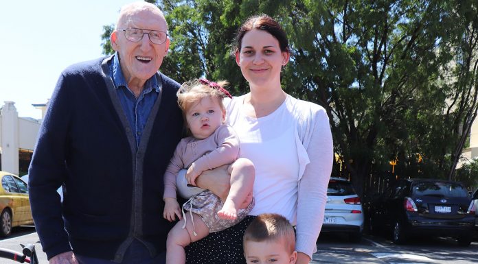 Another 100 years … says birthday boy Bill Lumley MPS with his granddaughter and great-grandchildren
