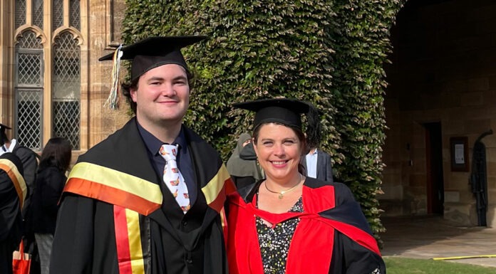 Aboriginal pharmacy student strives for healthcare equality Graduation day: Alexander Burke MPS with Associate Professor Rebekah Moles