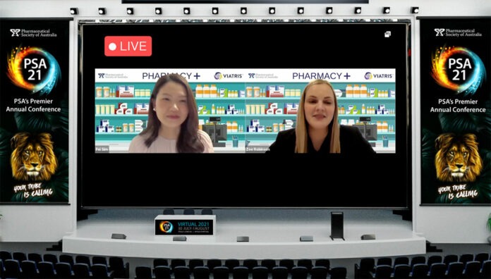 PSOTY-feature 2021 Pharmacy Student of the Year winner Zoe Robinson (right) speaking with Dr Fei Sim FPS