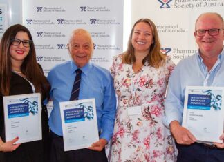 Meet PSA’s NSW pharmacists of the year PSA's NSW award winners. From left: Dr Sarira El-den MPS, Grahame Cox MPS, NSW Branch President Chelsea Felkai MPS and Luke Kelly FPS.