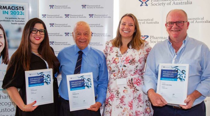 Meet PSA’s NSW pharmacists of the year PSA's NSW award winners. From left: Dr Sarira El-den MPS, Grahame Cox MPS, NSW Branch President Chelsea Felkai MPS and Luke Kelly FPS.