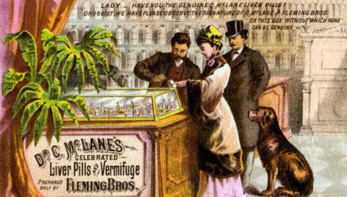 Early elixirs drawing of a 19th century pharmacy